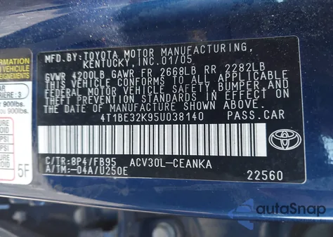 2005 Toyota Camry Le from USA, damaged, VIN 4T1BE32K95U038140